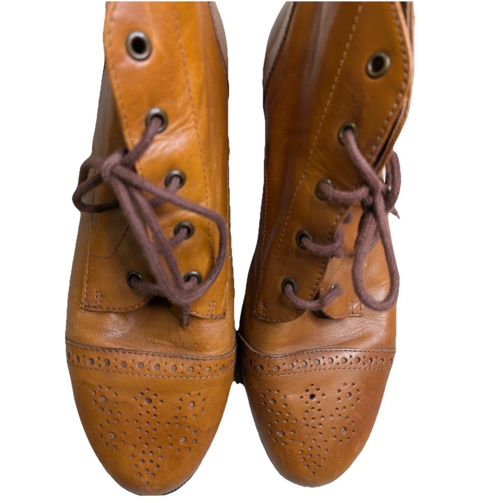 Calico Tan Leather Brogue Ankle Boots Women's Size 8M Lace Up Wingtip Detail - Picture 3 of 5
